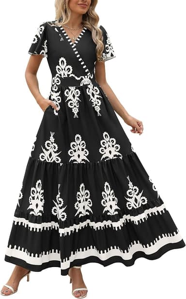 PRETTYGARDEN Womens 2025 Summer Casual V Neck Boho Maxi Dress Flowy Aline Bell Sleeve Tiered Floral Dresses with Pocket - Image 1