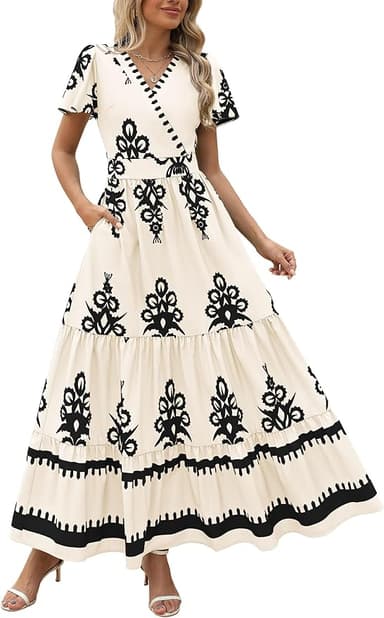 PRETTYGARDEN Womens 2025 Summer Casual V Neck Boho Maxi Dress Flowy Aline Bell Sleeve Tiered Floral Dresses with Pocket - Image 1