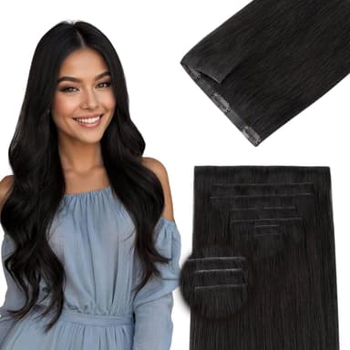 DOORES Human Hair Clip in Extensions 18 Inch 130g 7pcs, Invisi Edge Seamless Real Human Clip in Hair Extensions Invisible Remy Virgin Clipins Straight Skin Weft Thickening, 1B Natural Black - Image 2