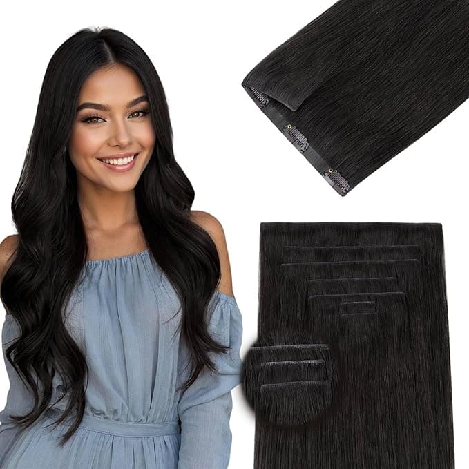 DOORES Human Hair Clip in Extensions 18 Inch 130g 7pcs, Invisi Edge Seamless Real Human Clip in Hair Extensions Invisible Remy Virgin Clipins Straight Skin Weft Thickening, 1B Natural Black - Image 1