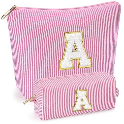 2 PCS Initial Makeup Bags for Women: Cosmetic Bag for Travel Toiletry - Birthday Gifts for 11 12 13 14 15 16 17 18 Years Old Girl Graduation Teacher Gift- Teen Girl Gifts Trendy Stuff - Pink A - Image 1