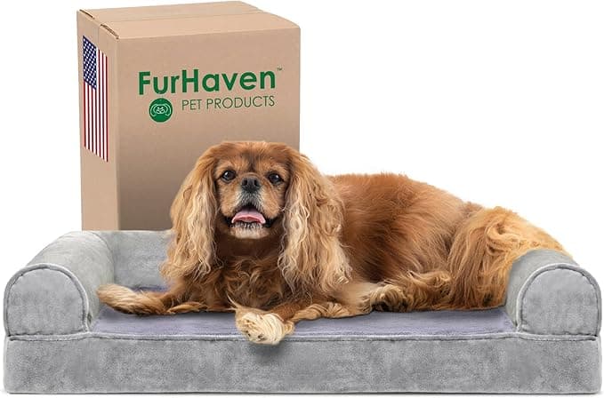 Furhaven Cooling Gel Dog Bed for Medium/Small Dogs w/ Removable Bolsters & Washable Cover, For Dogs Up to 35 lbs - Faux Fur & Velvet Sofa - Smoke Gray, Medium - Image 1