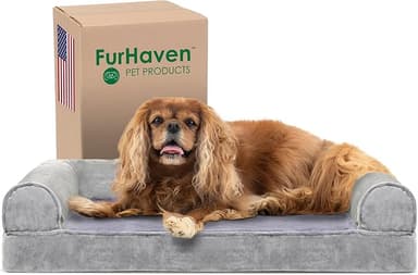 Furhaven Cooling Gel Dog Bed for Medium/Small Dogs w/ Removable Bolsters & Washable Cover, For Dogs Up to 35 lbs - Faux Fur & Velvet Sofa - Smoke Gray, Medium - Image 1