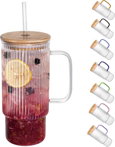 32oz Ribbed Glass Cup with Handle Bamboo Lid and Straw, Glass Tumbler, Iced Coffee Cups Hot/Cold Drinks - Image 2