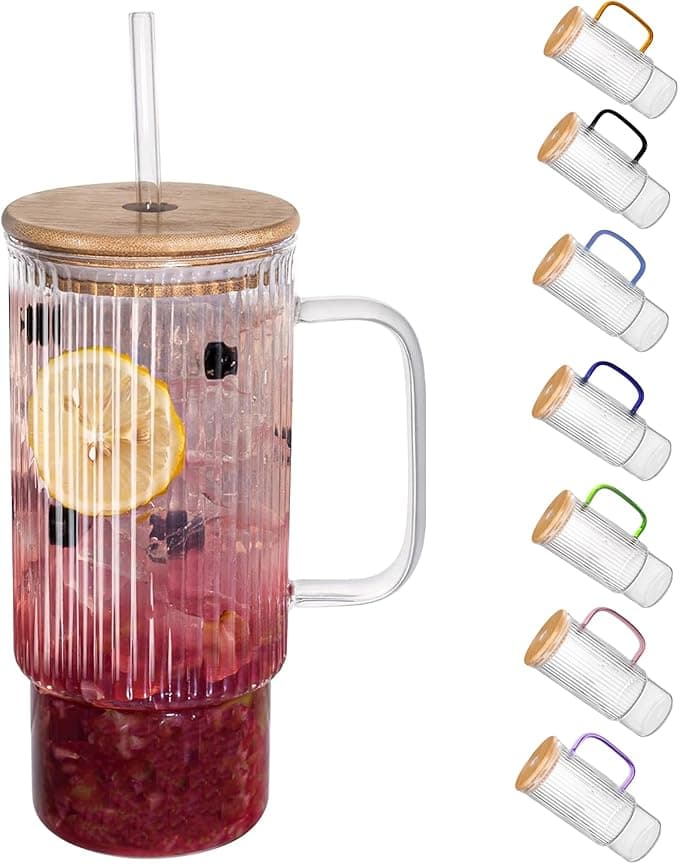 32oz Ribbed Glass Cup with Handle Bamboo Lid and Straw, Glass Tumbler, Iced Coffee Cups Hot/Cold Drinks - Image 1
