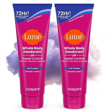 Lume Whole Body Deodorant Plus Sweat Control - Smooth Cream Tube - 72 Hour Odor And Sweat Control - Baking Soda Free, Skin Loving - 3.0 ounce (Pack of 2) (Soft Powder - Image 1