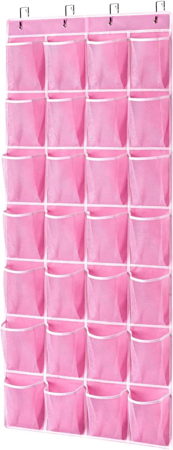 KEEPJOY 28 Pockets Hanging Shoe Organizer, Over the Door Shoe Organizer, Hanging Door Shoe Holder Rack with Mesh Pockets Large Size 65 x 23 Inch (Pink-1Pack