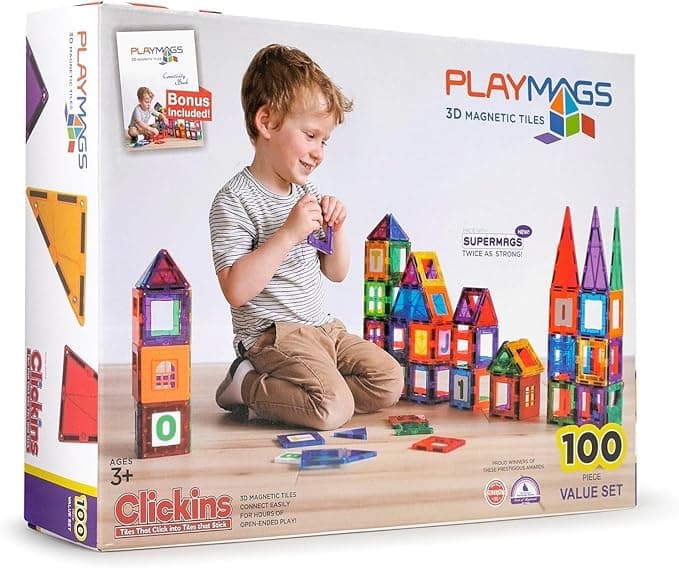 Playmags Magnetic Tiles for Kids – 100pcs Magnet Building Set for Toddlers Ages 1-5 | Stem Montessori Toy for 2 3 4 Year Old Boys & Girls | Toys for Toddlers, Preschool & Middle School Children - Image 1