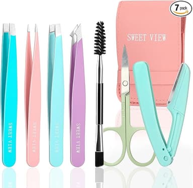 7pcs Eyebrow Tweezers Kit for Women Precision Plucker with Brow Scissors & Razor & Spoolie for Facial, Chin, Brow, Splinter and Ingrown Hair - Image 1