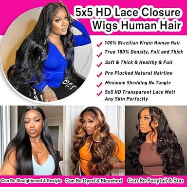 UANDM 28 Inch 5x5 HD Lace Closure Wigs Human Hair Body Wave Lace Front Wigs Human Hair Pre Plucked 180% Density Glueless Wigs Human Hair Wig Closure Wig for Women - Image 3