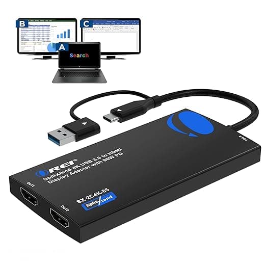 OREI SplitExtend 4K HDMI Splitter Extended Display for Dual Monitor - Multi-Monitor Display 3 Separate Screens - USB A & USB-C Adapter to HDMI 2.0, 4K@60hz, 90W PD Charger, DisplayLink MacOS, Windows - Image 1