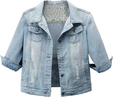 Hixiaohe Women Autumn 3/4 Sleeve Retro Short Denim Jackets Light Blue Jean Coats - Image 2