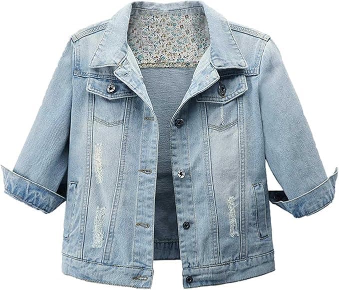 Hixiaohe Women Autumn 3/4 Sleeve Retro Short Denim Jackets Light Blue Jean Coats - Image 1