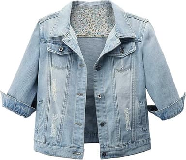 Hixiaohe Women Autumn 3/4 Sleeve Retro Short Denim Jackets Light Blue Jean Coats - Image 1