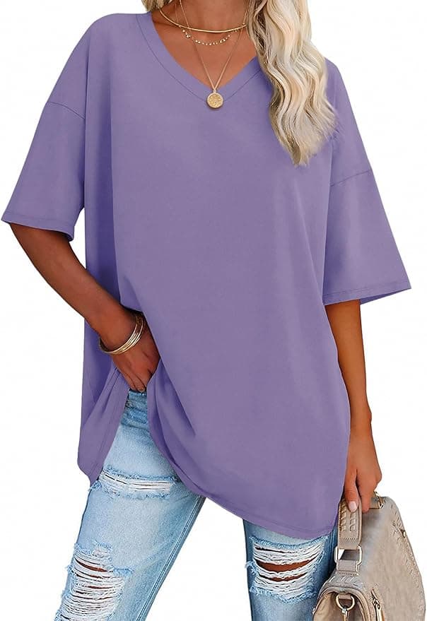 ATHMILE Womens Summer Oversized Shirts V Neck Plus Size Spring Workout Tops Beach Vacation 2025 Gym Clothes - Image 1
