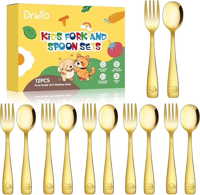 DRKIO Stainless Steel Toddler Utensils Set - 12 Pieces Kids Silverware Set Children Safe Food Grade Small Forks and Spoons Dishwasher Safe Mirror Polished - Image 1