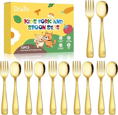 DRKIO Stainless Steel Toddler Utensils Set - 12 Pieces Kids Silverware Set Children Safe Food Grade Small Forks and Spoons Dishwasher Safe Mirror Polished - Image 1