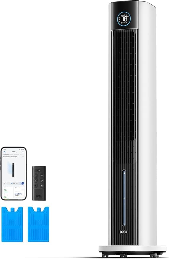 Dreo Evaporative Air Swamp Cooler, 43" Cooling Fans that Blow Cold Air 2025 Upgraded, 85° Oscillating Floor Fan for Bedroom, Easy Cleaning, APP Control, Ice Packs, 4 Speeds & 4 Modes, 12H Timer, White - Image 1