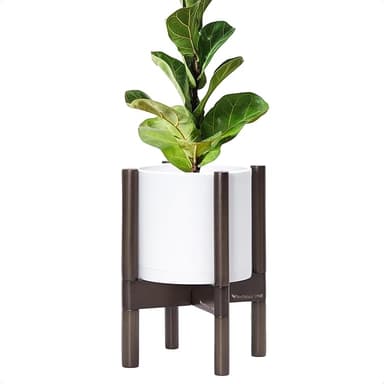 D'vine Dev Planter Pot with Stand - 8 Inch Plastic Cylinder Flower Pot with Wood Planter Holder for Indoor, Matte White Pot + Walnut Color Stand, 55-C-I-1 - Image 1