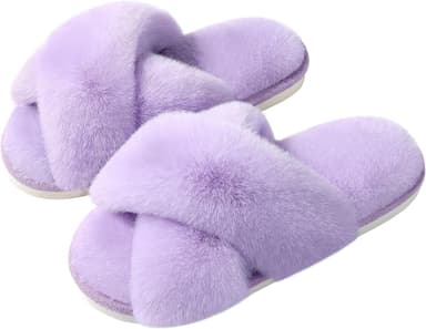 Evshine Women's Fuzzy Slippers Cross Band Memory Foam House Slippers Open Toe - Image 2