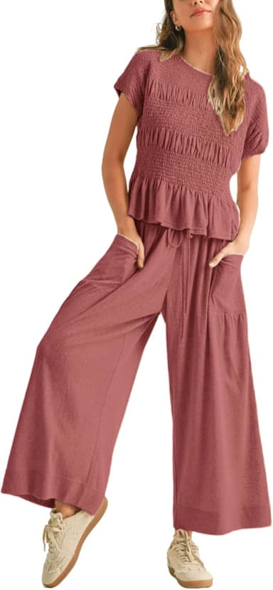 Womens 2 Piece Smocked Top Wide-Leg Pants Set High-Waisted Lounge Outfit with Pockets Casual Boho Matching Set - Image 2