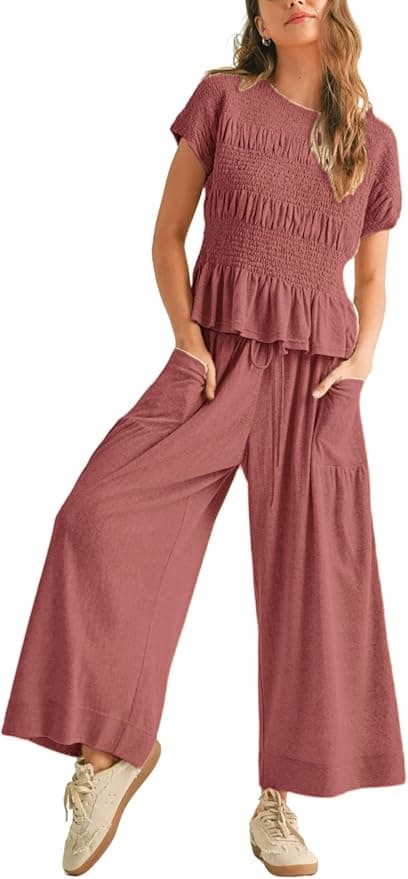 Womens 2 Piece Smocked Top Wide-Leg Pants Set High-Waisted Lounge Outfit with Pockets Casual Boho Matching Set - Image 1