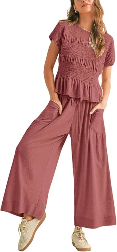 Womens 2 Piece Smocked Top Wide-Leg Pants Set High-Waisted Lounge Outfit with Pockets Casual Boho Matching Set - Image 1