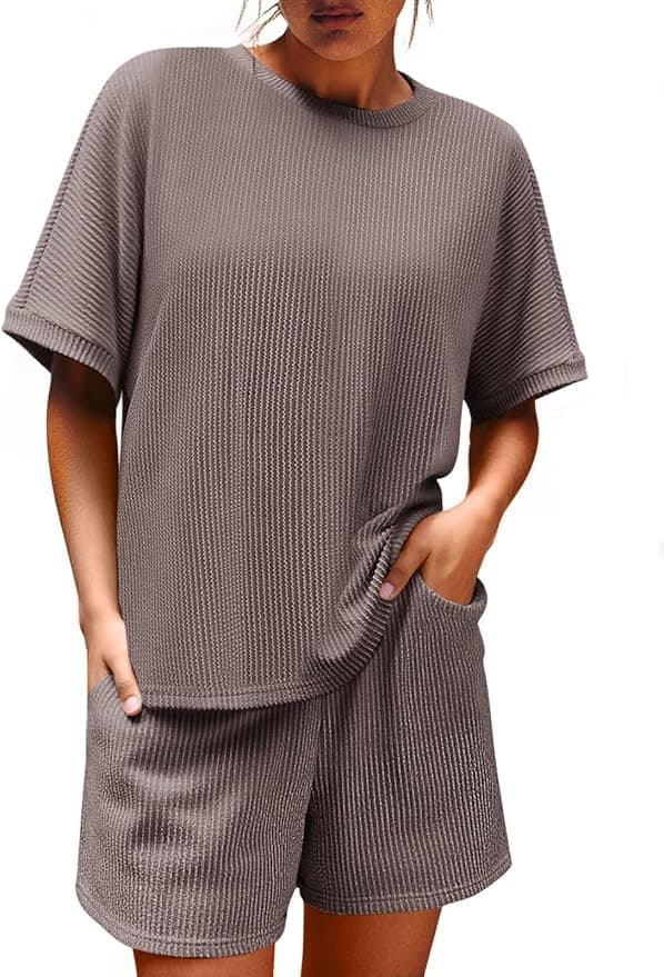 Imily Bela Womens 2 Piece Outfits 2025 Oversized Summer Short Sets Casual Beach Ribbed Short Sleeve Matching Set - Image 1