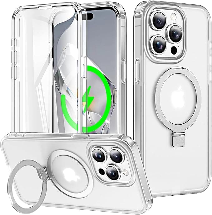 for iPhone 15 Pro Full Body Shockproof Case with Magnetic Invisible Stand [Compatible with MagSafe] Built-in Screen Protector Military Drop ProtectionTranslucent Phone Cover -White - Image 1