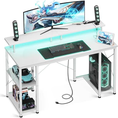 ODK 48 inch Gaming Desk with LED Lights & Power Outlets, Computer Desk with Monitor Stand & Storage Sheves, CPU Stand, Home Office Desk, White - Image 2
