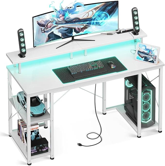 ODK 48 inch Gaming Desk with LED Lights & Power Outlets, Computer Desk with Monitor Stand & Storage Sheves, CPU Stand, Home Office Desk, White - Image 1