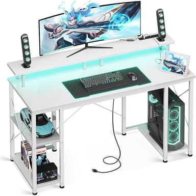 ODK 48 inch Gaming Desk with LED Lights & Power Outlets, Computer Desk with Monitor Stand & Storage Sheves, CPU Stand, Home Office Desk, White - Image 1