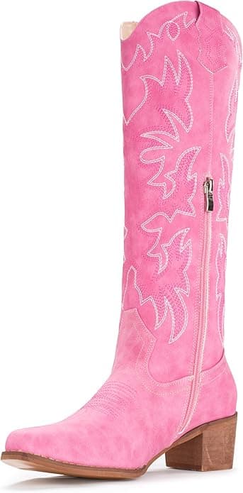 IUV Cowboy Boots For Women Knee High Western Cowgirl Boots Snip Toe Side Zipper Chunky Heel - Image 1