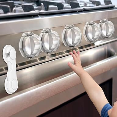 GRENFU Stove Knob Safety Covers (5 + 1 Pack) - Double-Key, Universal Size Gas Stove Knob Locks with Strong Double-Sided Tape, Heat-Resistant Oven Knob Covers for Child Safety/Pet Safety, Clear View - Image 1
