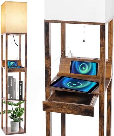 RUNTOP Floor Lamp with Shelves, Shelf Floor Lamp with Wireless Charger & 2 Charging USB Ports & Drawer, AC Outlet, 3 Color Temperature Tall Standing Lamp with Bulb for Living Room, Bedroom, Office - Image 2