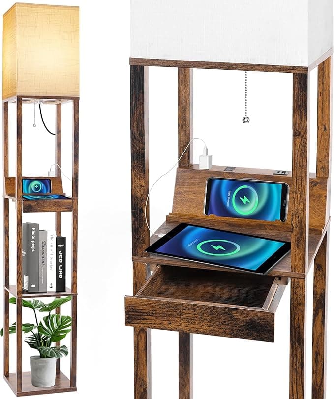 RUNTOP Floor Lamp with Shelves, Shelf Floor Lamp with Wireless Charger & 2 Charging USB Ports & Drawer, AC Outlet, 3 Color Temperature Tall Standing Lamp with Bulb for Living Room, Bedroom, Office - Image 1