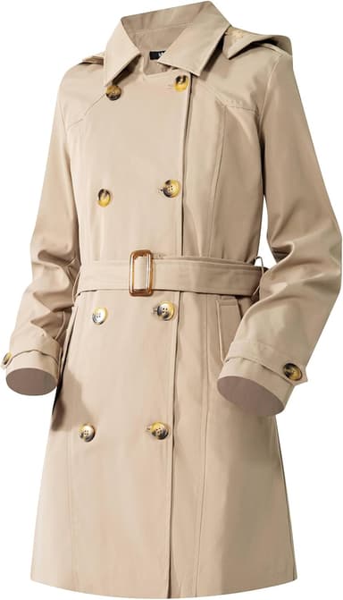 Women's Trench Coat Double Breasted Classic Mid-Length Adjustable Belt Jacket with Detachable Hood and Vest - Image 2
