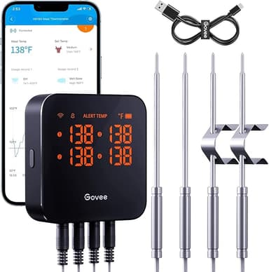 Govee Wireless Meat Thermometer with 4 Probe, Smart WiFi Meat Thermometer with Unlimited Range App Notification Alert, Digital Rechargeable Bluetooth Food Thermometer for Smoker BBQ Grill Oven Kitchen - Image 1