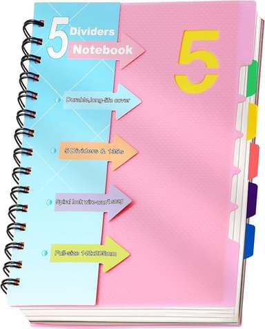 CAGIE 5 Subject Notebook College Ruled, Small Spiral Notebook 5x7 with Divider Tabs, A5 Spiral Notebooks for Women, 240 Pages Spiral Note book for School Note Taking, Pink - Image 1