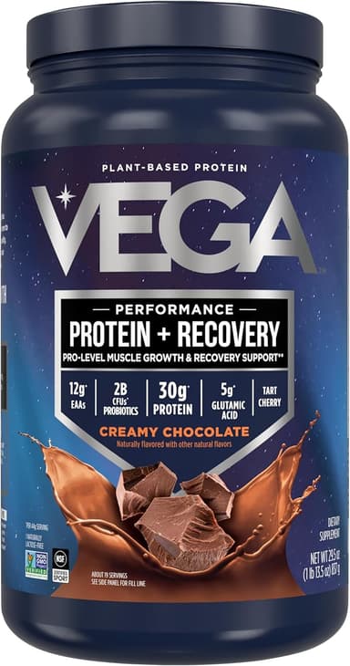 Vega Sport Vegan Protein Powder + Recovery - 30g Plant Based Protein per Serving, Chocolate, 19 Servings, 5g BCAAs, Probiotics, NSF Certified, for Shakes & Smoothies, 1.8lbs (Packaging May Vary - Image 1