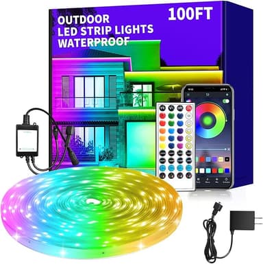 100Ft Outdoor Waterproof LED Strip Lights,Music Sync RGB IP68 Led Lights with App and Remote Control,Color Changing Waterproof RGB Exterior Rope Self Adhesive Back,Balcony,Roof,Garden,Party - Image 1