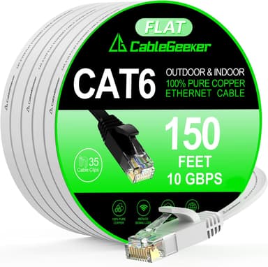 Cat 6 Ethernet Cable 150 ft, Indoor&Outdoor, High Speed 10Gbps Internet Network, Pure Copper Flat Ethernet Patch Cable Long, Computer LAN Cable with Clips & Straps for Router, Modem, PS4/5, White - Image 2