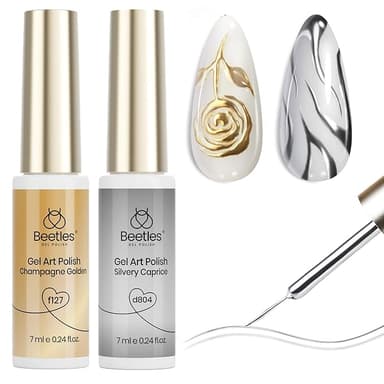 Beetles Metallic Gel Nail Polish Liner Set Silver Bronze Gold 2pcs Gel Liner Nail Art Chrome 3D High-Gloss Effect for Nail Paint Design with Thin Brush DIY French Manicure Curing Requires at Home - Image 1