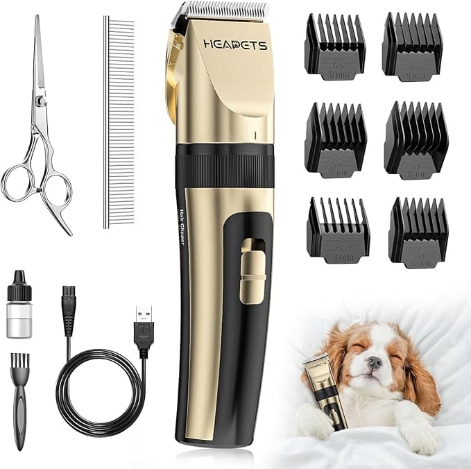 HEAPETS Dog Grooming Clippers, Low Noise, Electric Quiet, Adjustable Clipper Comb, Rechargeable Cordless Dog Hair Clippers for Dogs Cats Pets, Gold - Image 1