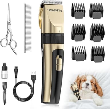 HEAPETS Dog Grooming Clippers, Low Noise, Electric Quiet, Adjustable Clipper Comb, Rechargeable Cordless Dog Hair Clippers for Dogs Cats Pets, Gold - Image 1
