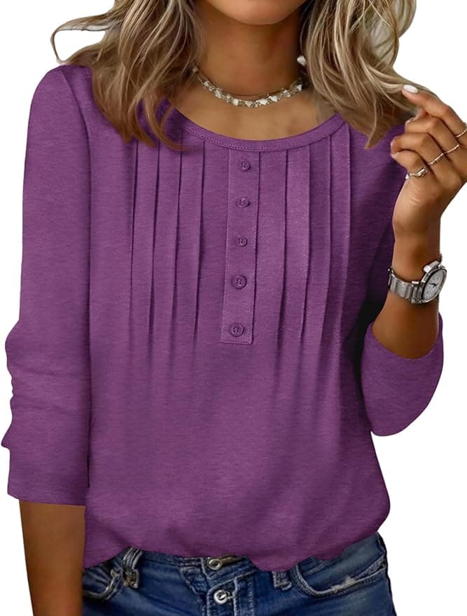 Zeagoo 3/4 Length Sleeve Womens Tops Round Neck Casual Summer Tunic Tops Basic Tees Blouses Dressy T-Shirts Pleated Shirts - Image 1