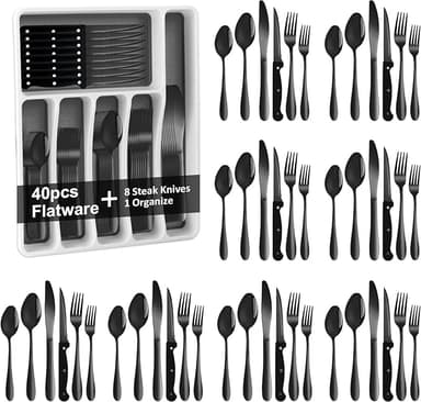 49Pcs Silverware Set with Organizer, Silver Stainless Steel Flatware Set for 8 Cutlery Utensil Sets with Steak Knives, Spoons and Forks Set, Dishwasher Safe - Image 1
