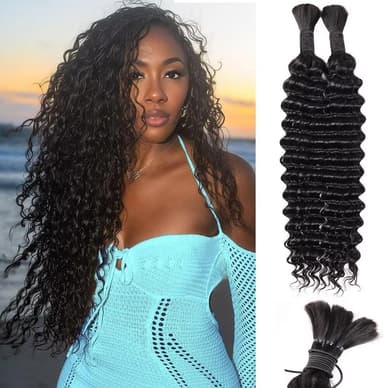 Human Braiding Hair 12A Deep Water Wave Bulk Human Hair 100g 18 Inch Curly Human Hair for Boho Braids Hair Extensions No Weft 2 Braids Per Pack Wet and Wavy Human Hair Braiding Hair Natural Black - Image 2