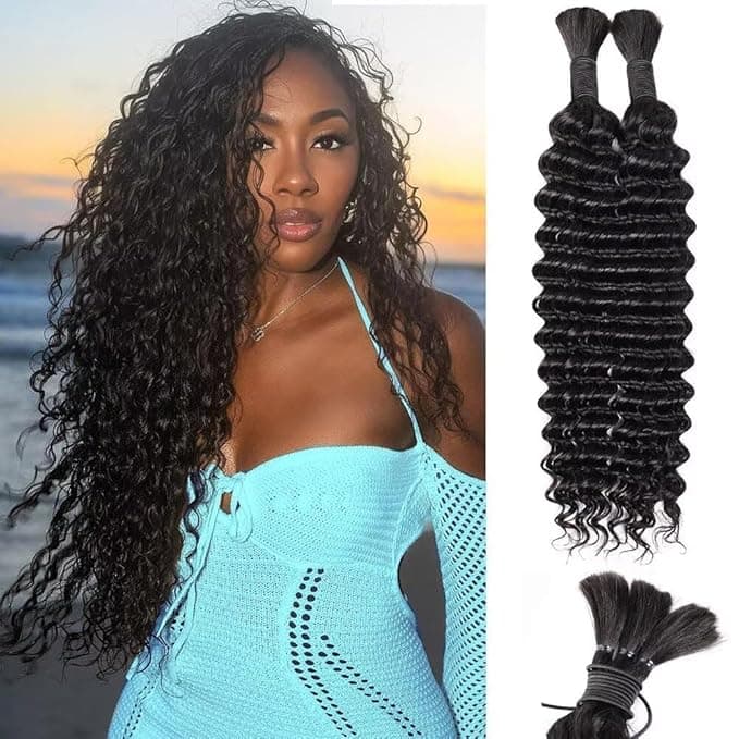 Human Braiding Hair 12A Deep Water Wave Bulk Human Hair 100g 18 Inch Curly Human Hair for Boho Braids Hair Extensions No Weft 2 Braids Per Pack Wet and Wavy Human Hair Braiding Hair Natural Black - Image 1