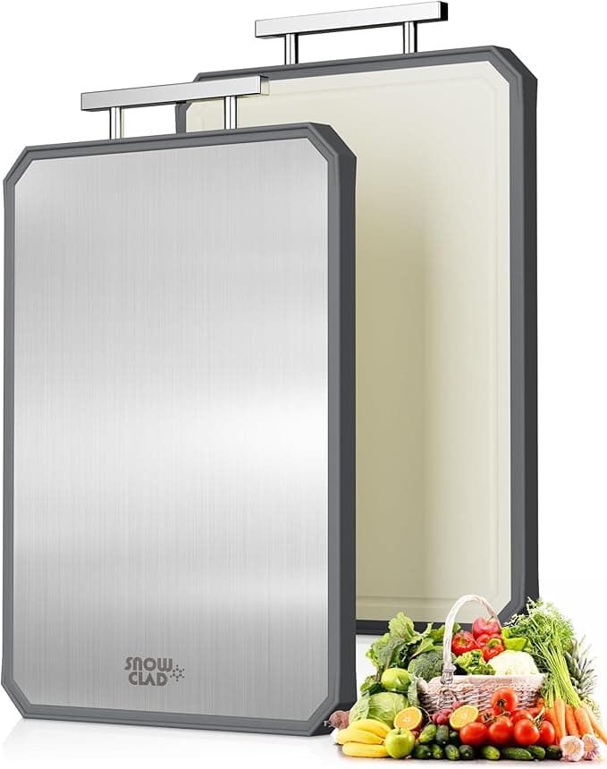 SNOWCLAD Stainless Steel Cutting Board,Double Sided Steel Cutting Boards for kitchen,Stainless Steel/Wheat straw pp Large Board for meat,non toxic Chopping,16 * 11 Inch,Dishwasher Safe - Image 1